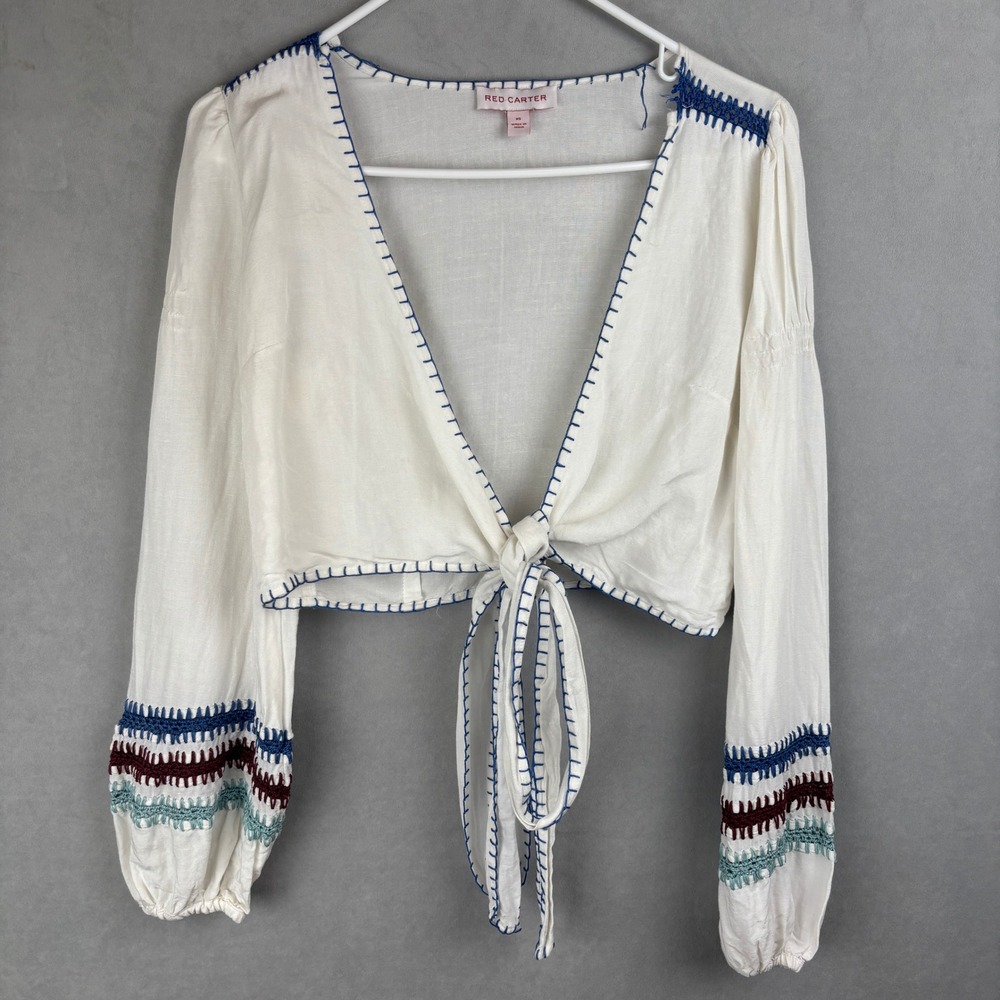 Red Carter White Linen Blend Boho Tie Front Crop Top Whipstitch Crochet XS Read